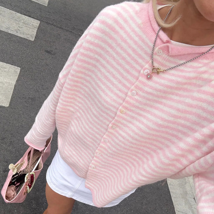 Long Sleeve Striped Cardigan Full Button Front Stand Collar 6 Colors