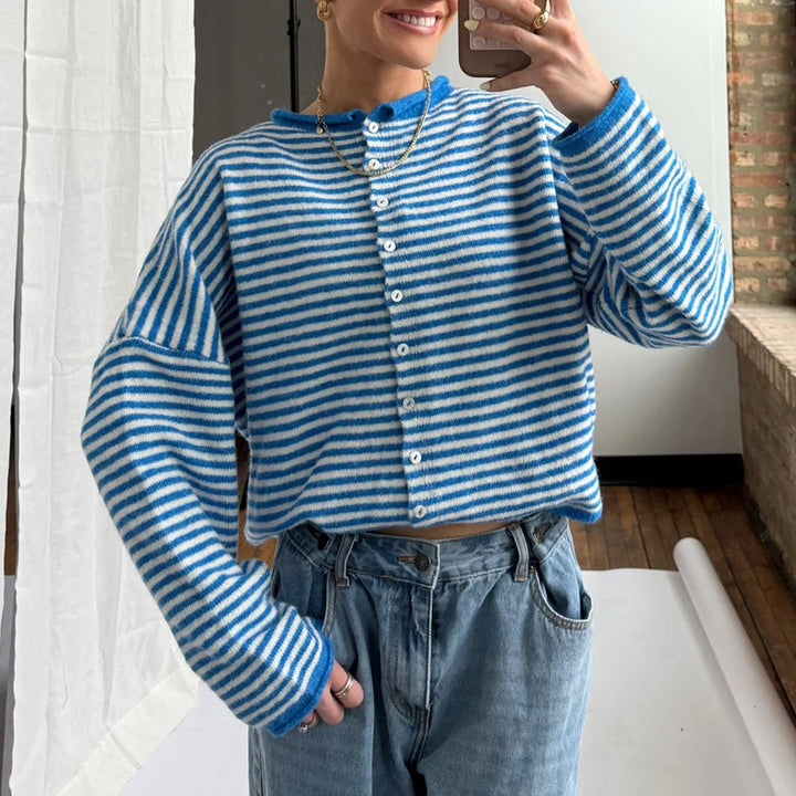 Long Sleeve Striped Cardigan Full Button Front Stand Collar 6 Colors