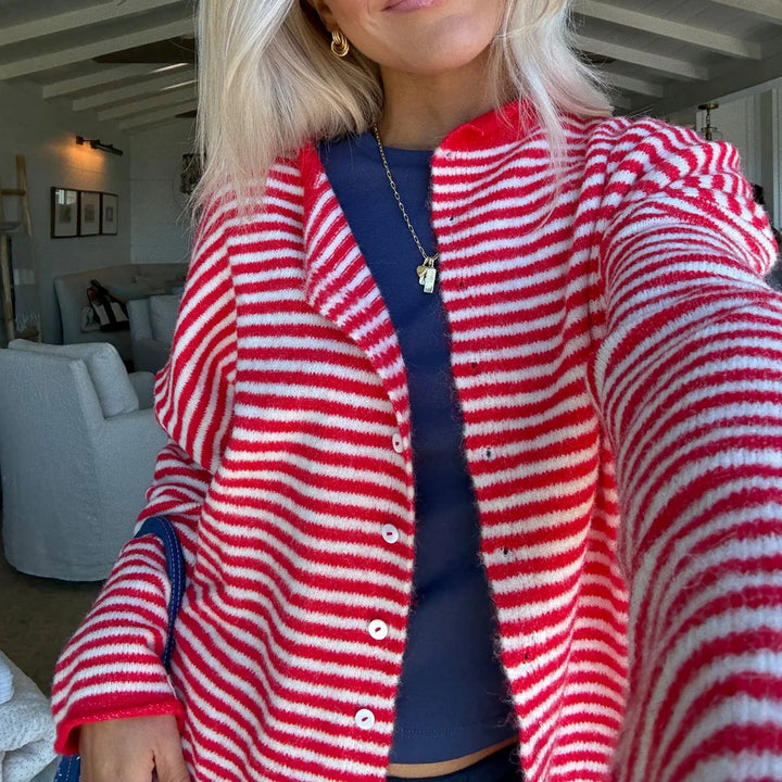 Long Sleeve Striped Cardigan Full Button Front Stand Collar 6 Colors